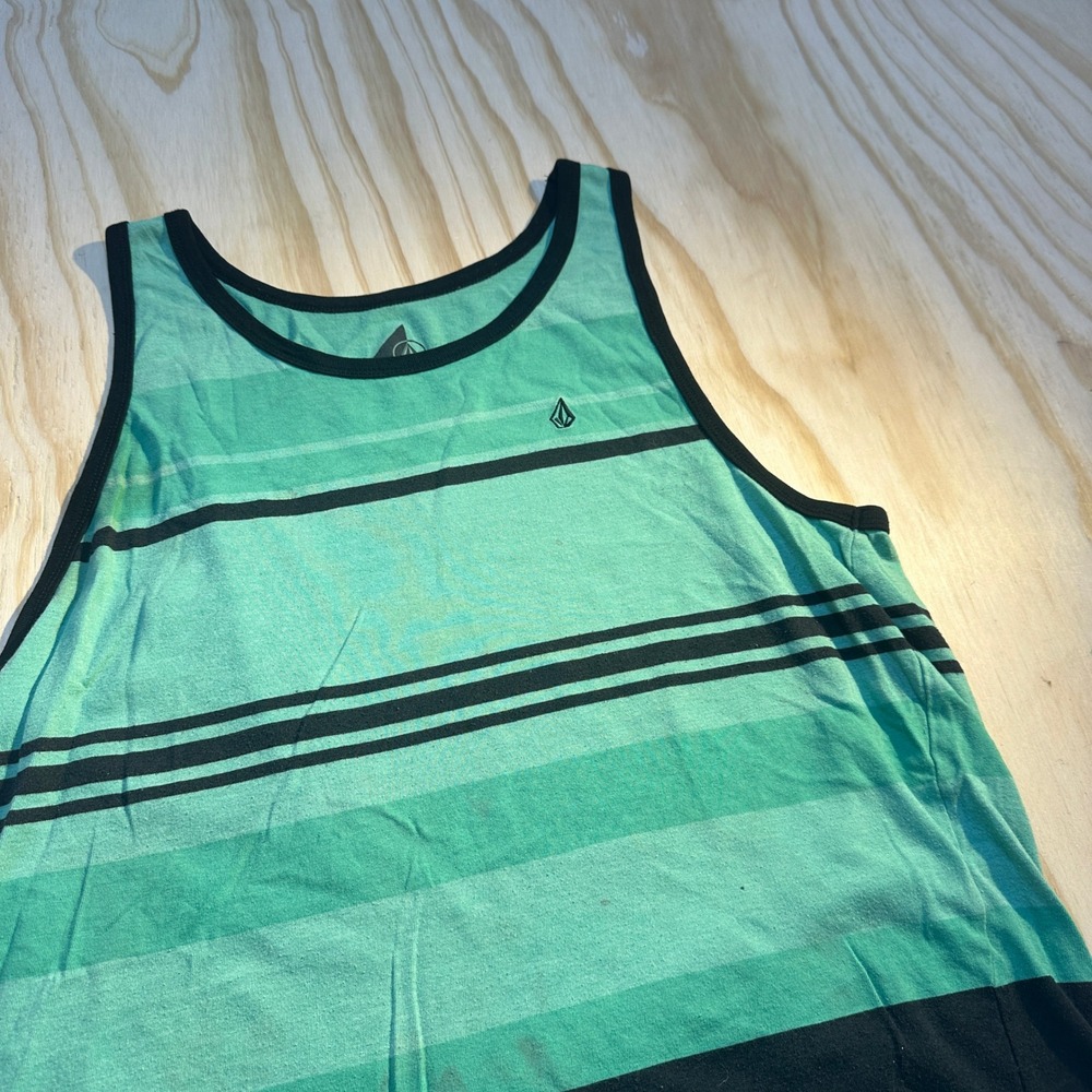 Volcom Mens Medium Green Striped Stone Logo Sleeveless Tank Top Casual Skate